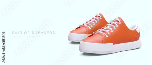 Commercial template for shoe store. Pair of 3D orange sneakers. Modern sports shoes with comfortable sole. Banner with place for promotional text, offers
