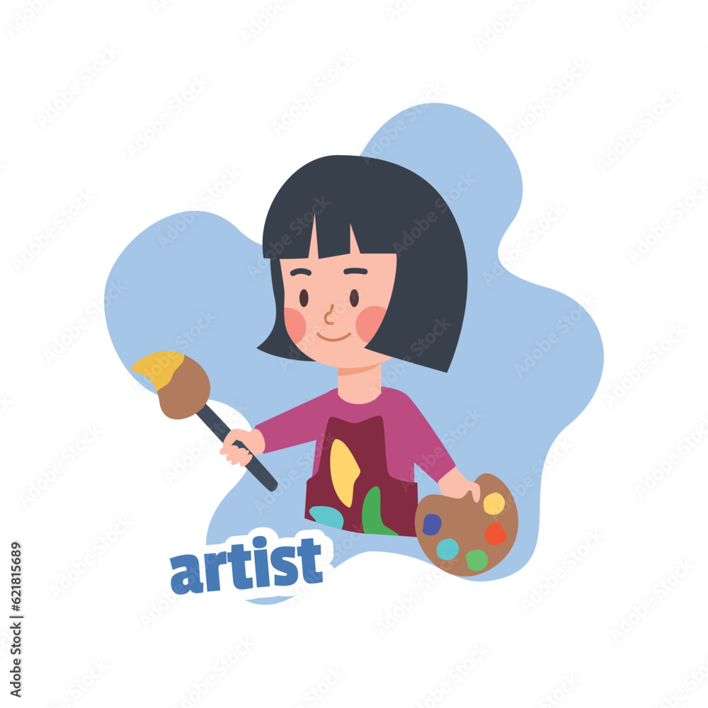 Child girl artist or painter flat vector illustration isolated on white. Child girl artist or painter flat vector illustration isolated on white.