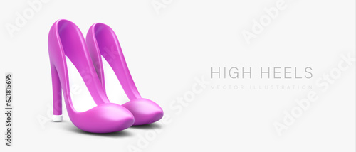 Pair of pink high heels. Female realistic shoes. Vector image with shadow. Modern shoe fashion. Poster on gray background with space for text. Store advertisement