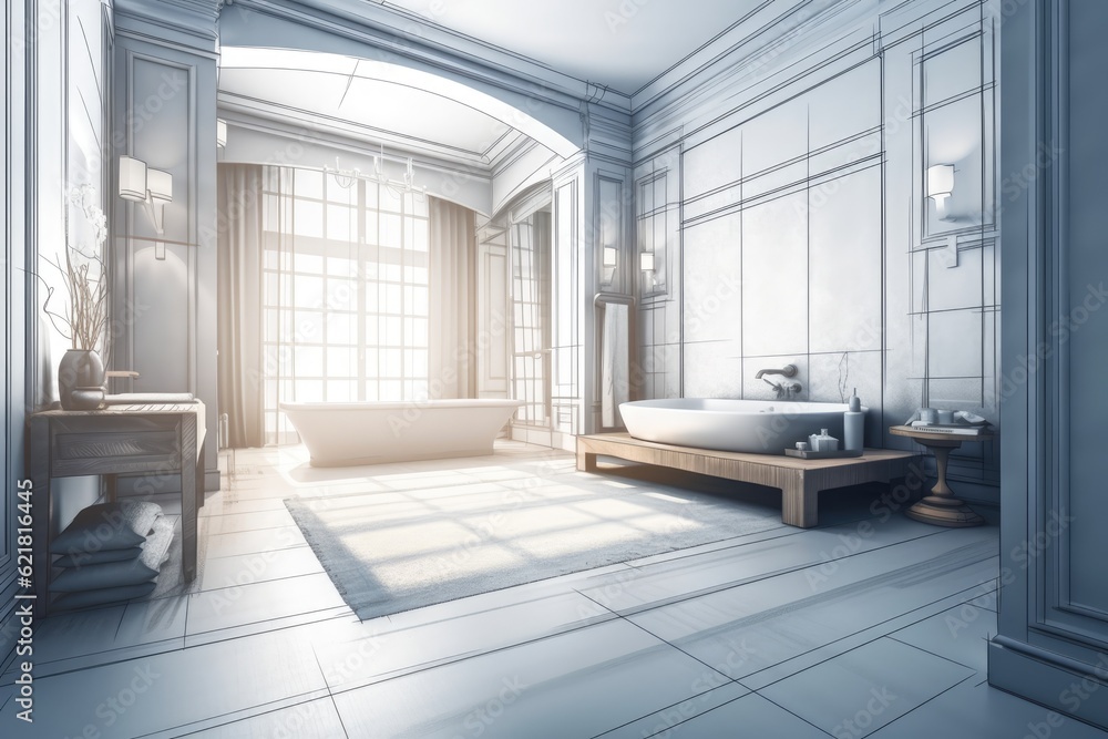 draft of a blueprint project, a luxurious bedroom with a bathroom, parquet flooring, a large window with stained glass, a double bed, a bathtub, and a carpet with poufs,. Generative AI draft of a blueprint project, a luxurious bedroom with a bathroom, parquet flooring, a large window with stained glass, a double bed, a bathtub, and a carpet with poufs,. Generative AI