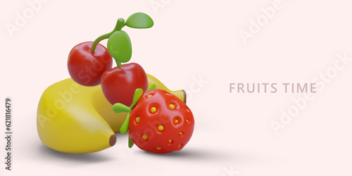 Time for sweet fruits. Ripe 3D banana, strawberry, cherry. Natural raw desserts. Ingredients for smoothies, juices, cakes. Concept for fruit department in shop. Grocery store ads. Seasonal goods