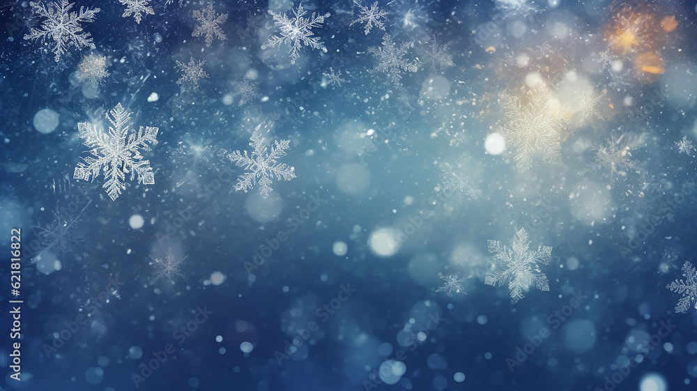 abstract blue  snowflakes falling winter weather blurred background. Generative AI
