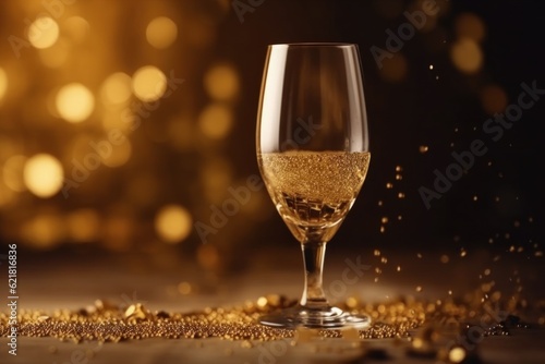 A glass of champagne on a golden background with highlights for christmas and new year. With Generative AI technology