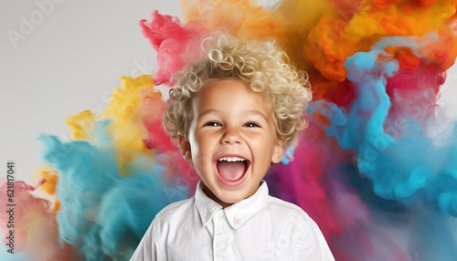 Happy caucasian child smiling in a cloud of colorful smoke on a white background  having fun  colors  color explosion  holi  LGBTQ   party  peace  inclusive  beauty  freedom. Generative AI.