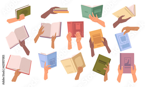 Book in hands, textbook exchange and sharing, bookcrossing vector illustration. Education and knowledge concept, diverse hands holding books. Swap literature event, culture festival, library day