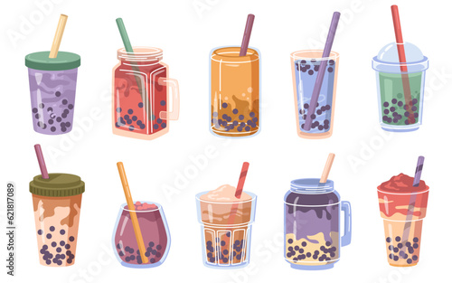 Bubble milk tea design collection, cartoon refreshing drinks of different tastes. Pearl boba milk tea, yummy beverages, coffees with straw in doodle cartoon style, vector illustration