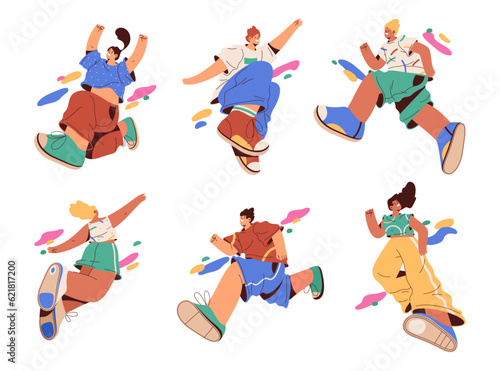 Young people running and jumping, expressing positive emotions. Vector flat cartoon characters with energy and motivation, energized and cheerful personages with smile on face