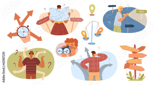 Choosing from multiple directions, solutions. Different options, opportunities concept. Characters making choices, decisions, life path. Flat graphic vector illustration isolated on white