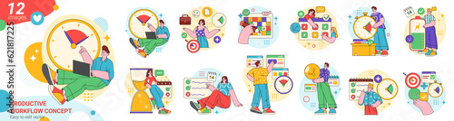 Employees efficiency and workflow productivity. Vector flat flat cartoon characters working on laptops, scheduling meeting and completing projects in deadline time frames