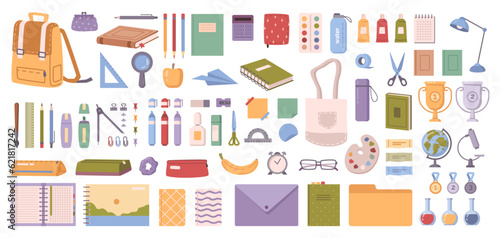 Back to school, supplies icons set. Bag, ben and pencil, envelope and ruler, pencil and eraser, scissors and brush flat cartoon mathematical objects set. Doodle of scissors and globe