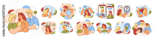 Psychological support and mental care, balance and wellbeing. Vector flat illustration cartoon characters communicating and helping with problems and issues, stress and depression