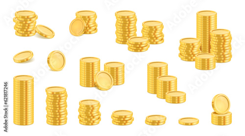 Gold coins, realistic money currency in stack, gold treasure cash. Vector financial assets, savings and deposits. Benefit in business and fortune savings, concept of capital growth and income