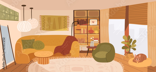 Modern living room with furniture and curtains on panoramic window, flat cartoon design. Vector illustration of empty lounge interior with sofa, chair, cabinet, cat on armchair, carpet