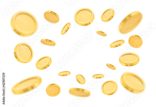 Splash of empty coins, positions of animated money, realistic golden coin animation. Vector financial assets, side and back, different animated positions. Treasure and earnings, savings photo