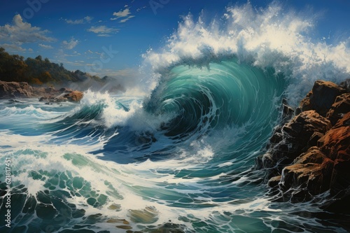 The Roaring Embrace: Experience the Spellbinding Encounter as Ocean Waves Surge Against a Picturesque Rocky Shoreline Generative AI
