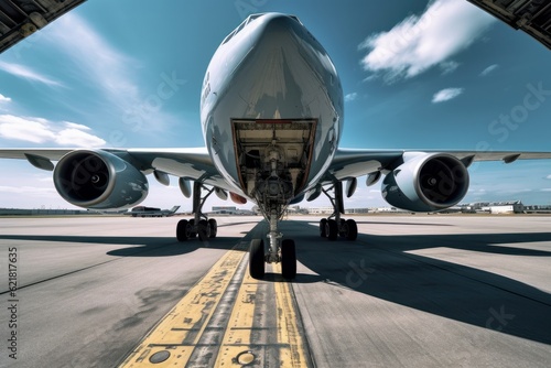 Front view from the ground of a modern civil aircraft on the airfield runway. Wide body jet ready to take off against the blue sky. Global travel and transportation concept. 3D illustration.
