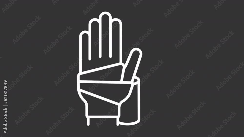 Animated bandaged hand white icon. Wound care line animation. Orthopedic surgeon. Medical supply. Loop HD video with alpha channel, transparent background. Motion graphic design for night mode Animated bandaged hand white icon. Wound care line animation. Orthopedic surgeon. Medical supply. Loop HD video with alpha channel, transparent background. Motion graphic design for night mode