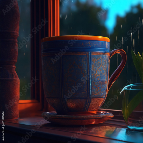 A magnificent designer hot coffee mug is positioned gracefully on a large window overlooking a captivating Indian-style scene during the monsoon season. The ambiance is enhanced by vibrant neon lights