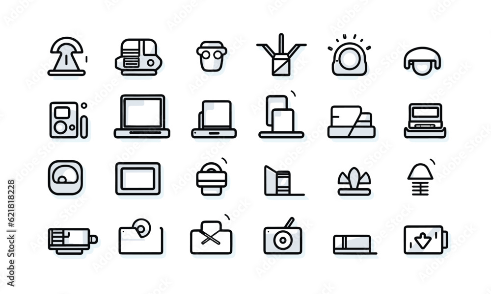 Visual depiction of web symbols inline style. Icons for creative packages, stationary, software, creativity, tools, drawing, and a collection for graphic designers