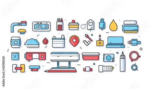 Visual depiction of web symbols inline style. Icons for creative packages, stationary, software, creativity, tools, drawing, and a collection for graphic designers