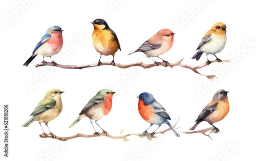watercolor set vector illustraton of bird on a branch isolated on white background