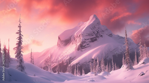 Massive Mountain covered in snow in Winter with trees around. Beautiful colorful evening light. Sunset Mountain 