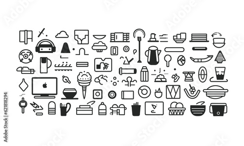 Visual depiction of web symbols inline style. Icons for creative packages, stationary, software, creativity, tools, drawing, and a collection for graphic designers