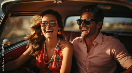 Happy couple traveling in classic vintage car during honeymoon created with generative AI technology © Neuroshock
