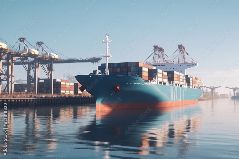 Container ship enters the water area of a giant seaport cargo terminal. Port cranes on the berths are ready to unload the ship. Global freight transportation and logistics concept. 3D illustration.