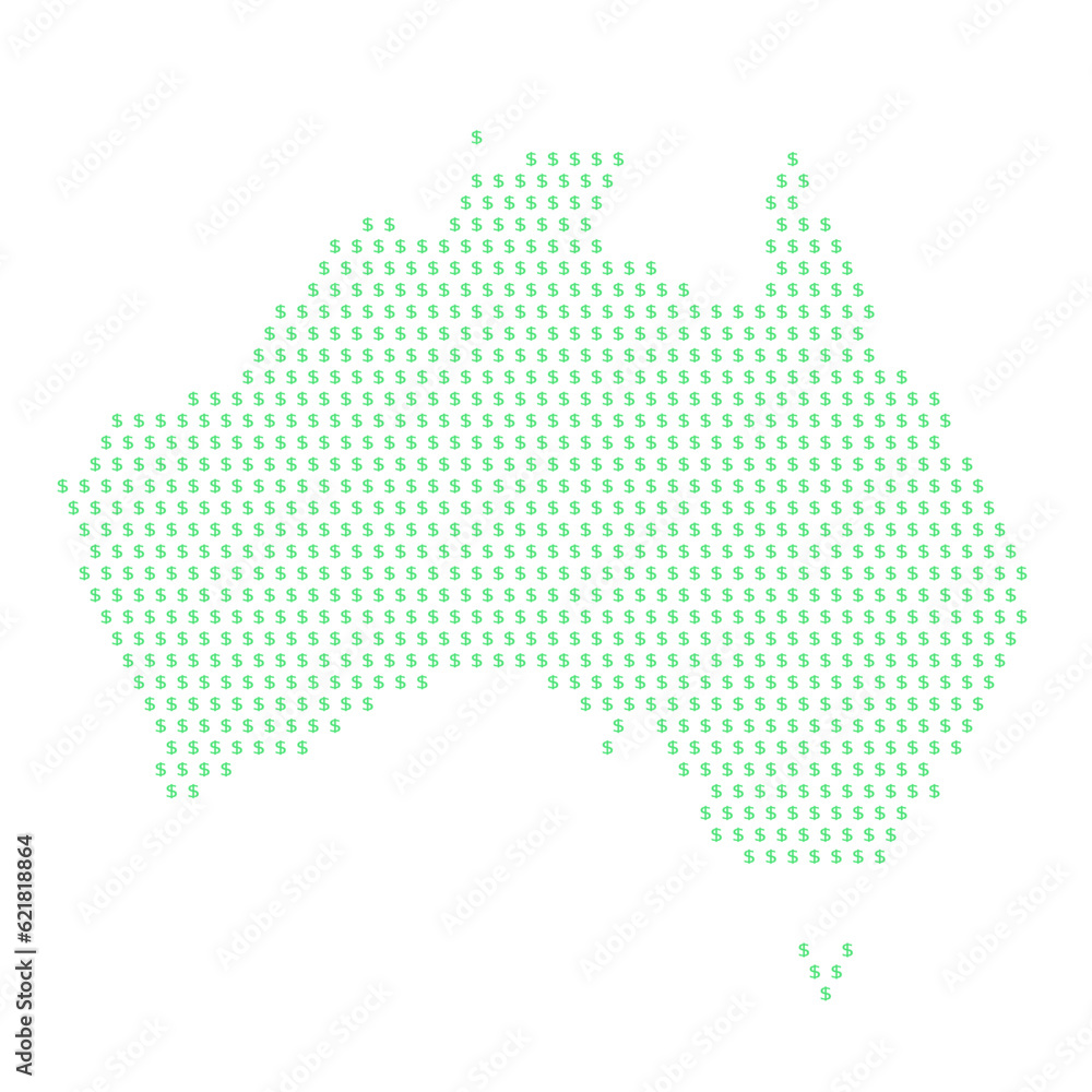 Map of the country of Australia with dollar sign icons on a white background