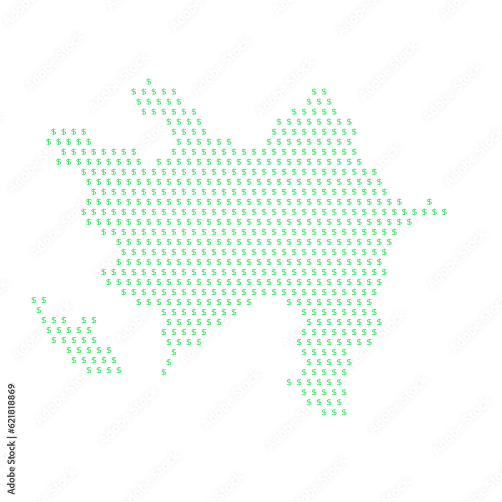 Map of the country of Azerbaijan with dollar sign icons on a white background