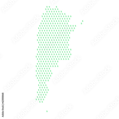 Map of the country of Argentina with dollar sign icons on a white background
