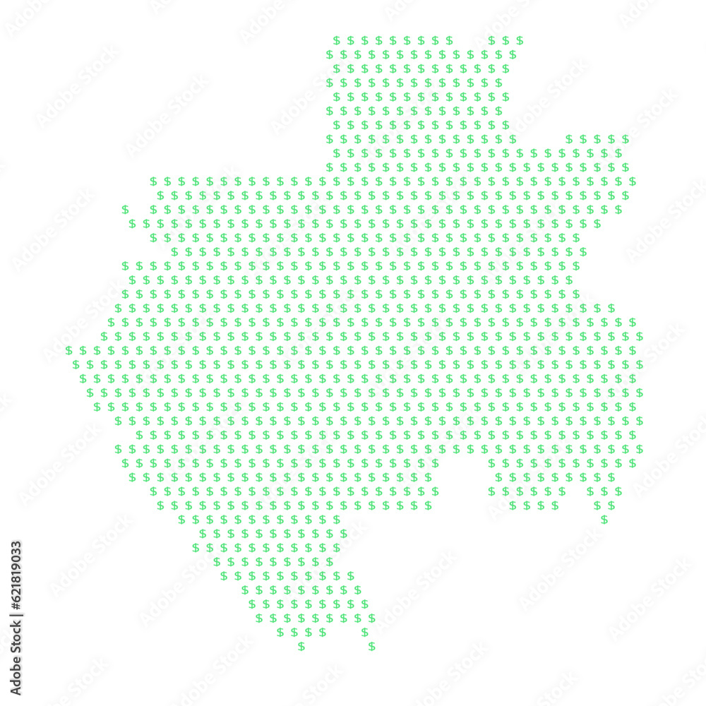 Map of the country of Gabon with dollar sign icons on a white background