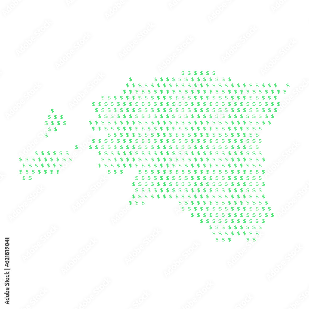 Map of the country of Estonia with dollar sign icons on a white background