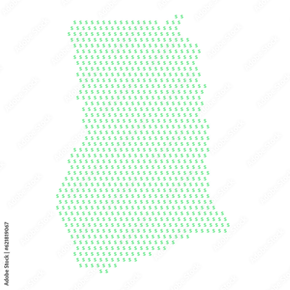 Map of the country of Ghana with dollar sign icons on a white background