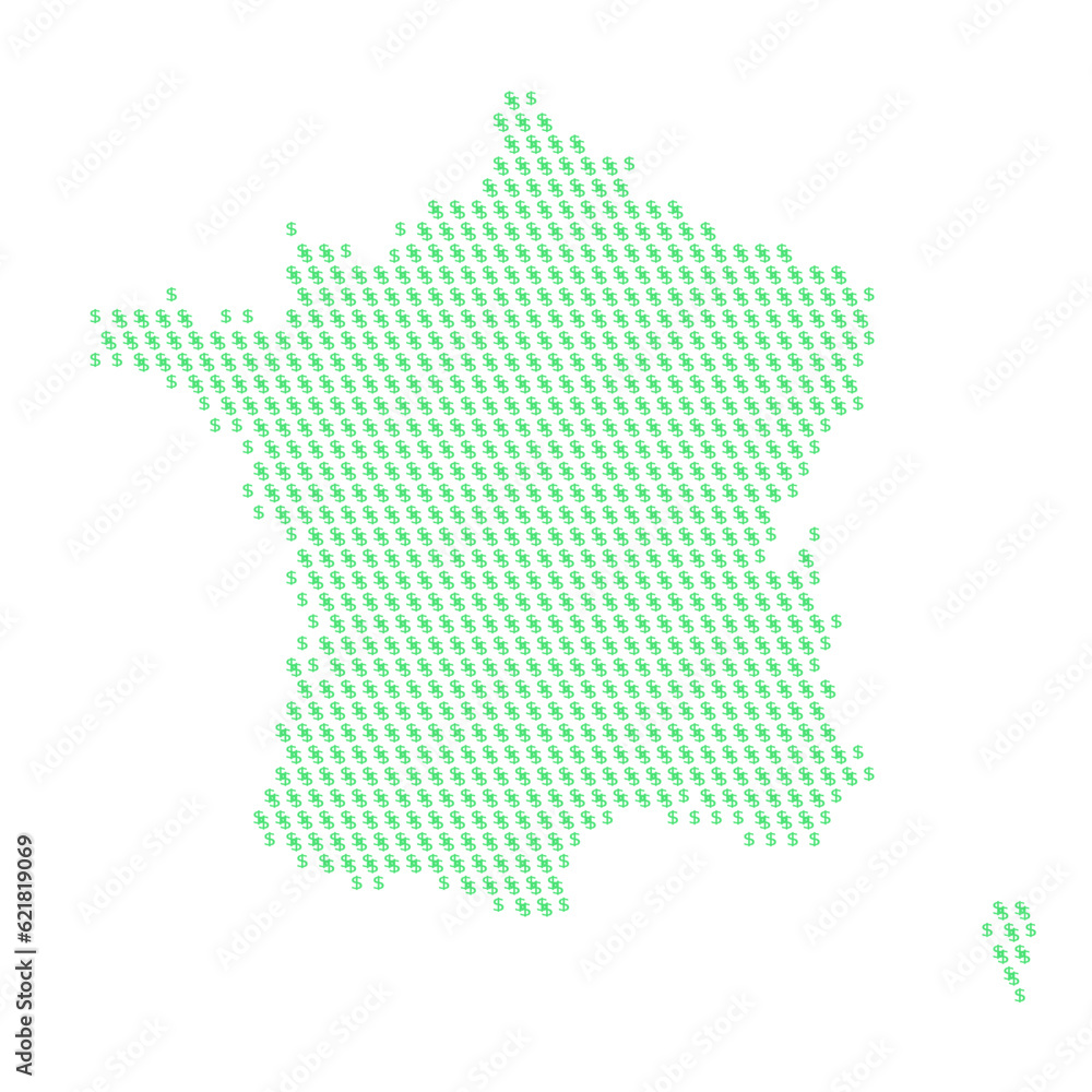 Map of the country of France with dollar sign icons on a white background