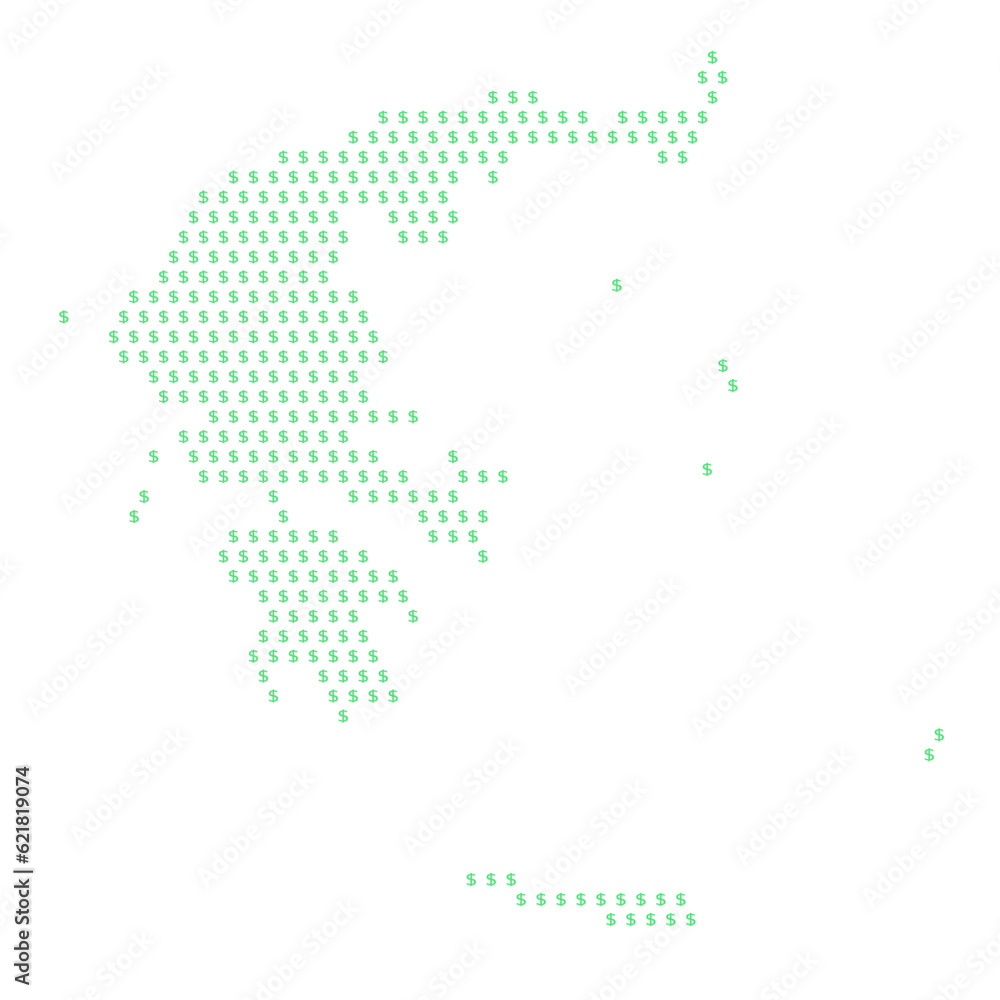 Fototapeta premium Map of the country of Greece with dollar sign icons on a white background