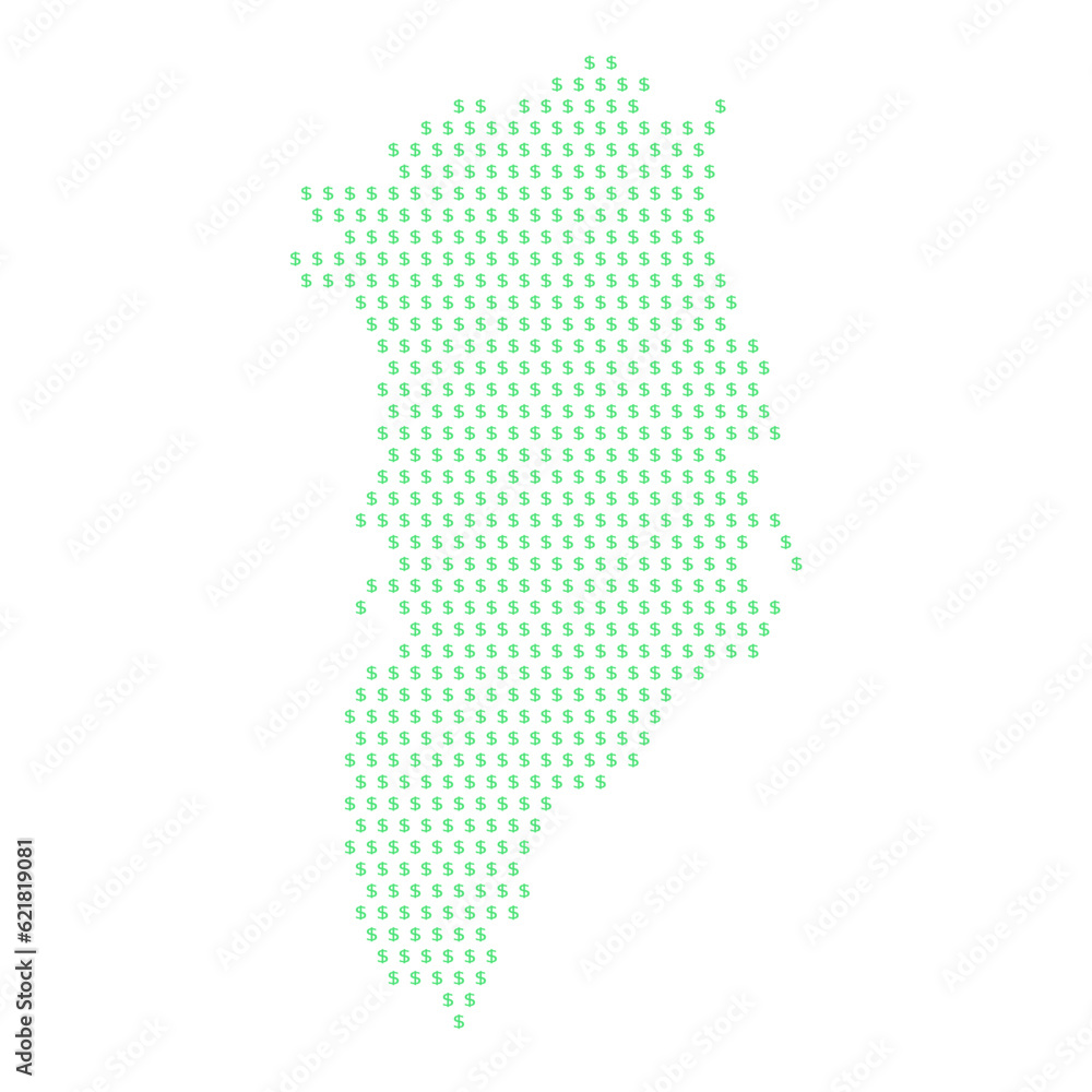 Map of the country of Greenland with dollar sign icons on a white background