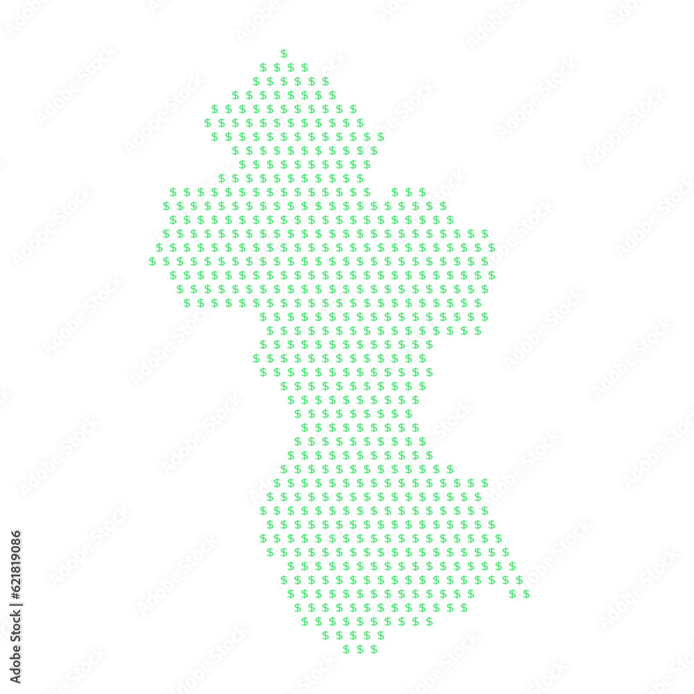 Map of the country of Guyana with dollar sign icons on a white background