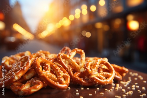 Oktoberfest pretzels on the background of the festival. With Generative AI technology