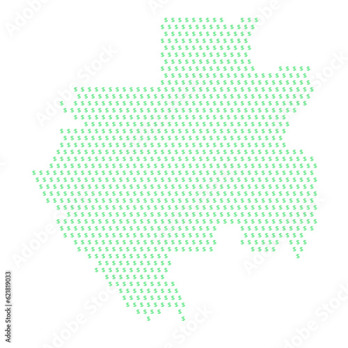 Map of the country of Gabon with dollar sign icons on a white background