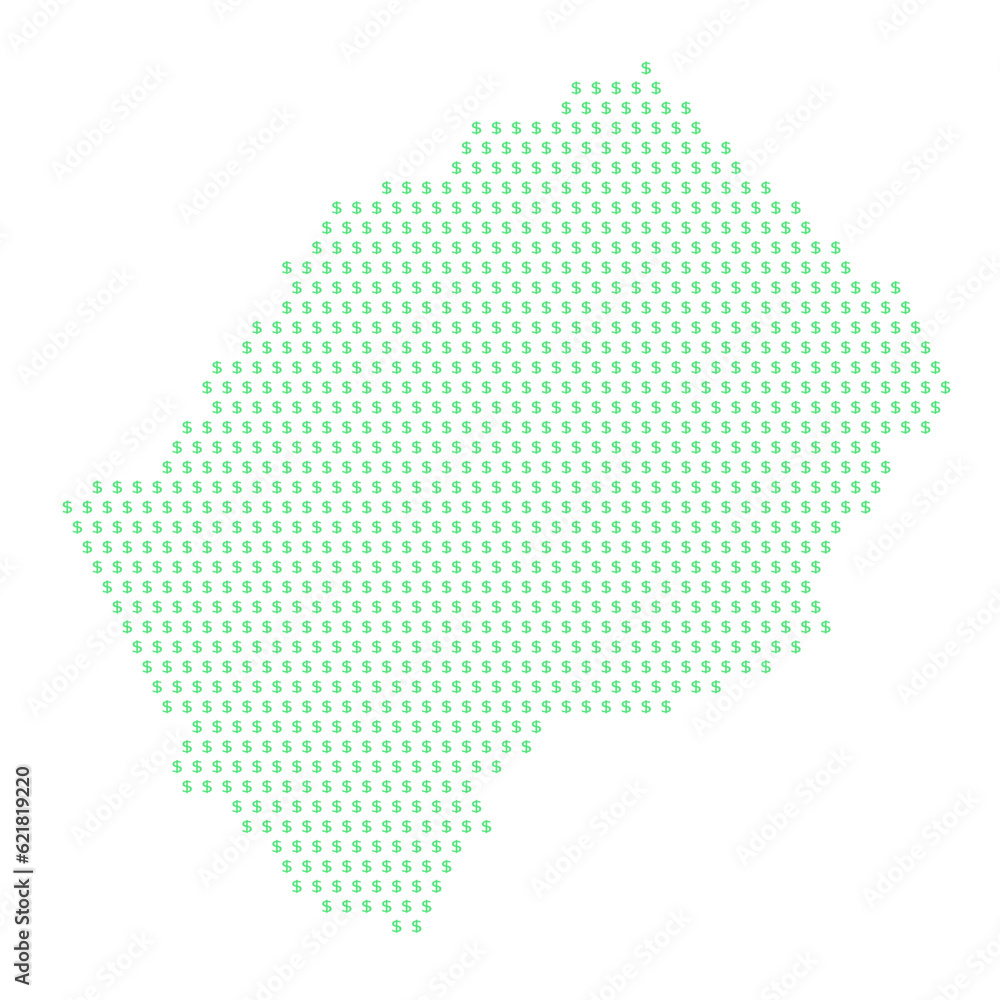 Map of the country of Lesotho with dollar sign icons on a white background