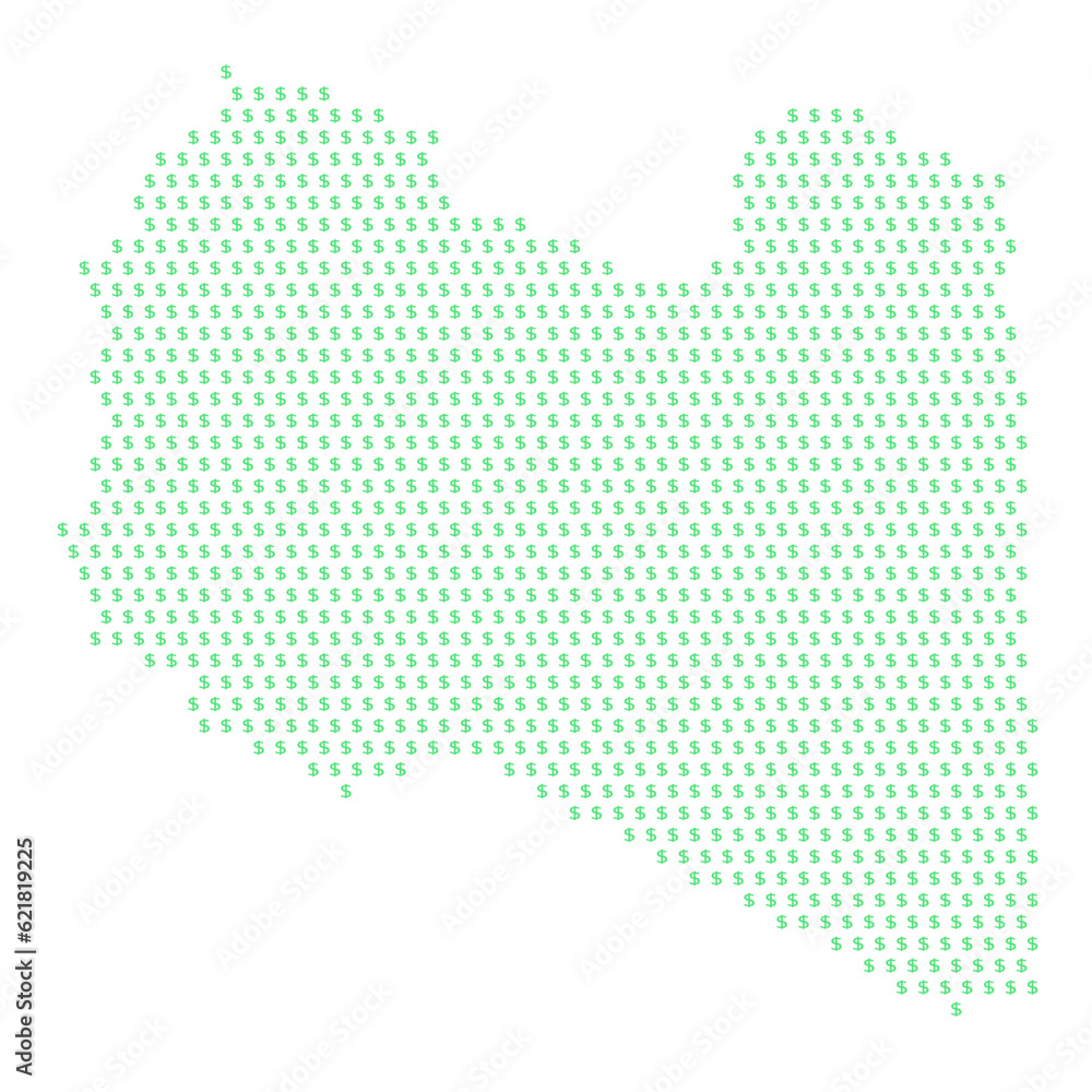 Map of the country of Libya with dollar sign icons on a white background