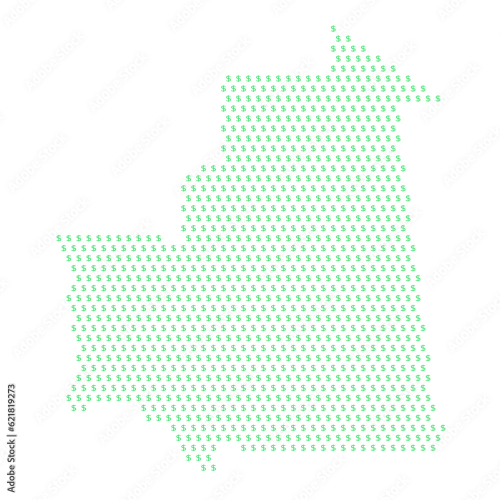 Map of the country of Mauritania with dollar sign icons on a white background