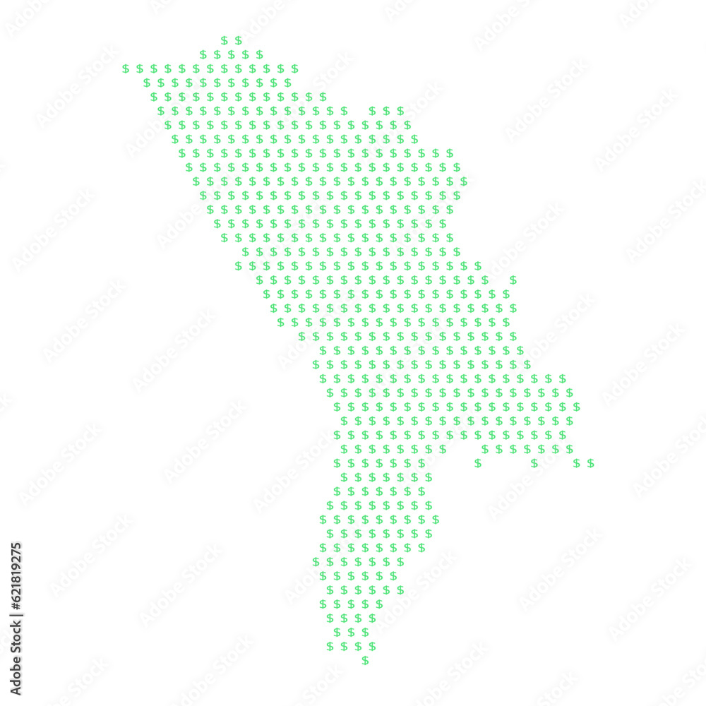 Map of the country of Moldova with dollar sign icons on a white background