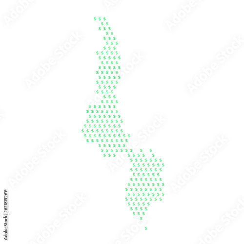 Map of the country of Malawi with dollar sign icons on a white background