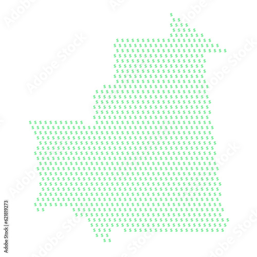 Map of the country of Mauritania with dollar sign icons on a white background