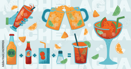 Michelagua or michelada set. Mexican drink made of beer, lime juice,
