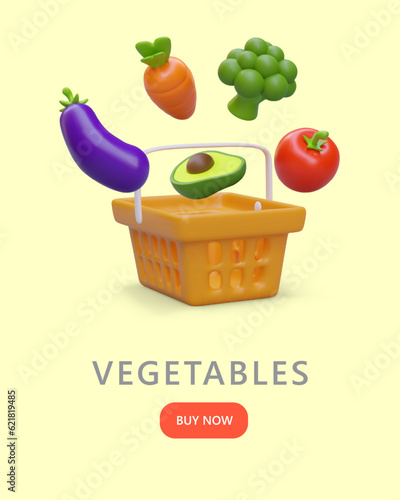 Vertical poster with floating 3D vegetables and shopping cart. Eggplant, avocado, broccoli, tomato, carrot. Commercial template for grocery store. Concept with illustration, text, button. Buy now