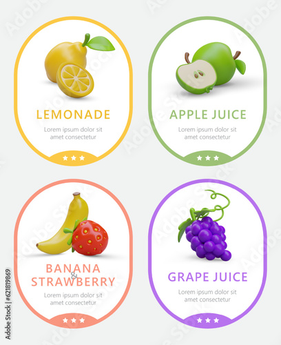 Set of 4 vector labels for fruit drinks. Lemonade, apple and grape juice, banana strawberry smoothie. Color stickers in cartoon style. Template with text